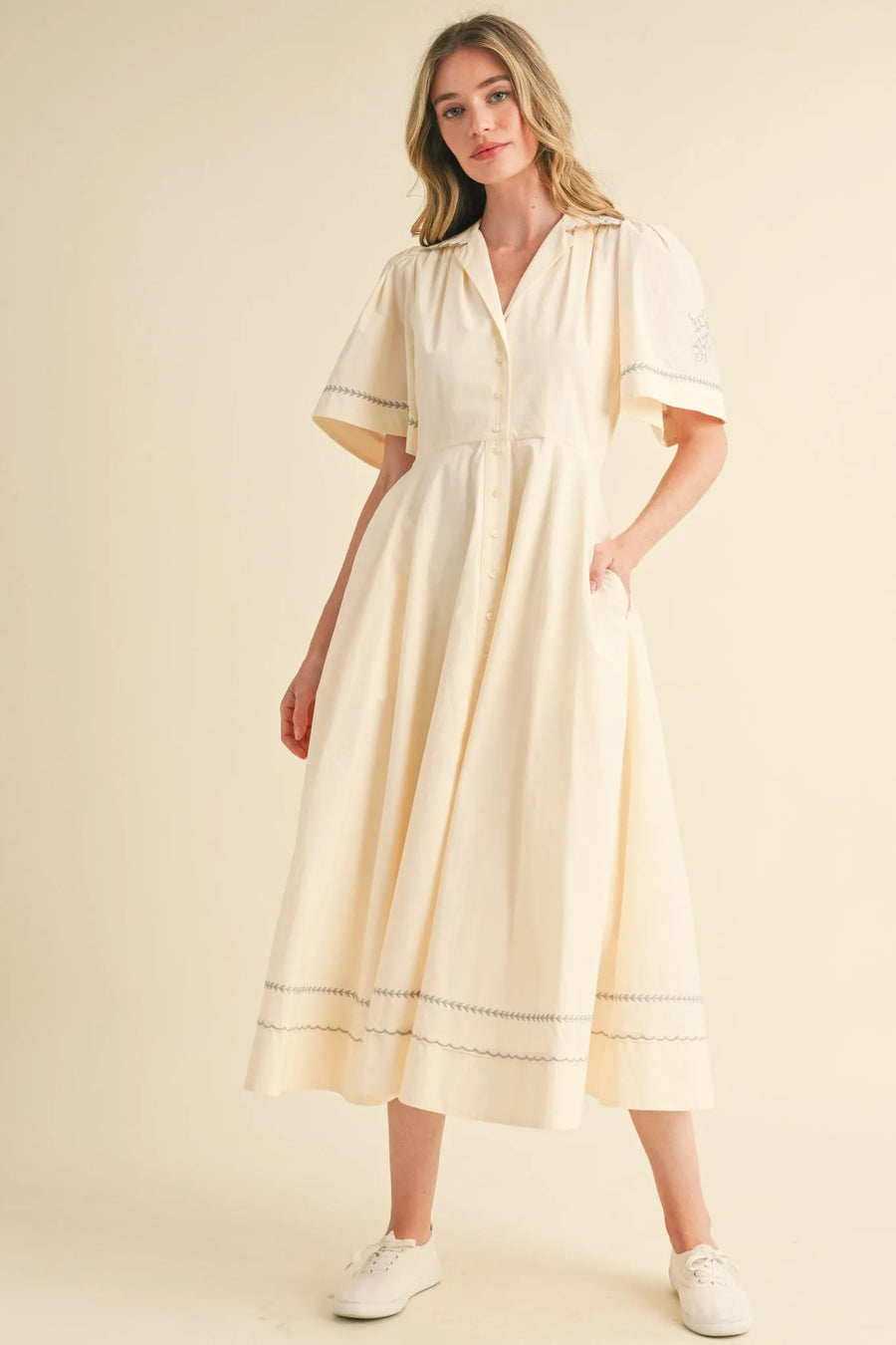 button down maxi dress Embroidered Floral Button-Down – Elegant Boho Style Women's White Linen Dresses The Paradise Garden Ivory SIZE:6X Zara | Dresses |