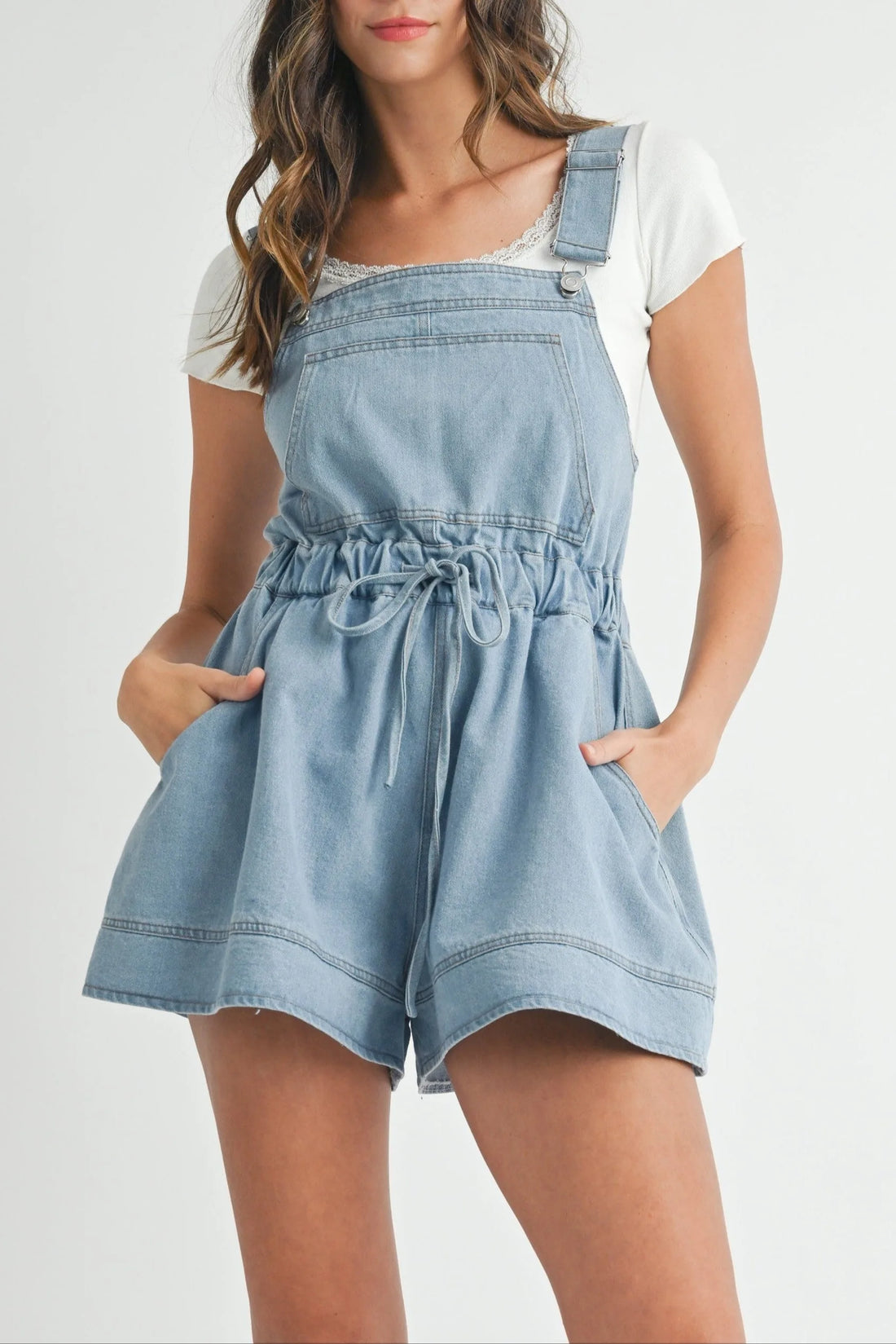 Denim Drawstring Overall Romper
