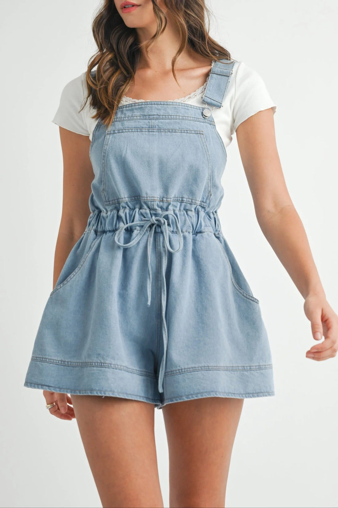 Denim Drawstring Overall Romper