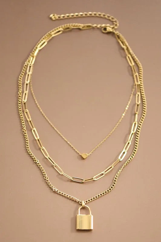 Gold Layered Lock and Heart Necklace Set