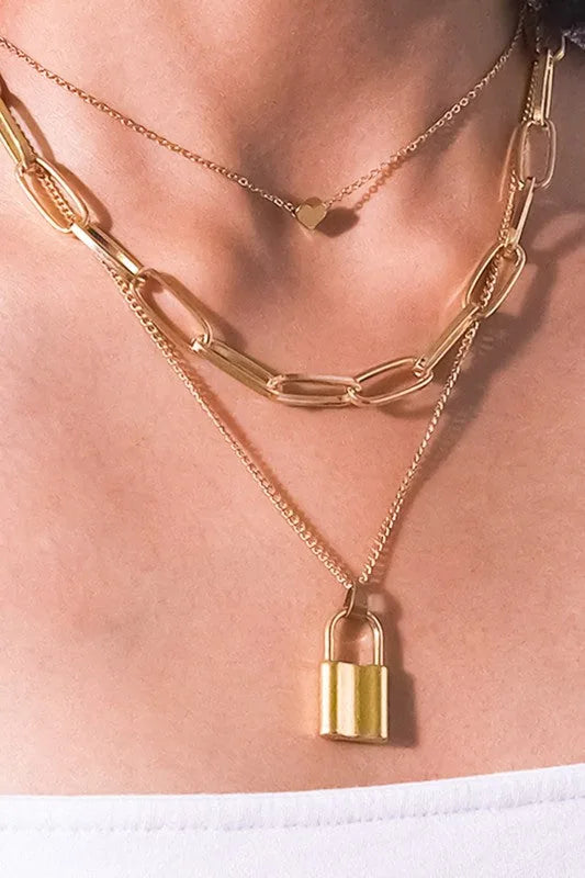 Gold Layered Lock and Heart Necklace Set