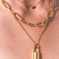 Gold Layered Lock and Heart Necklace Set