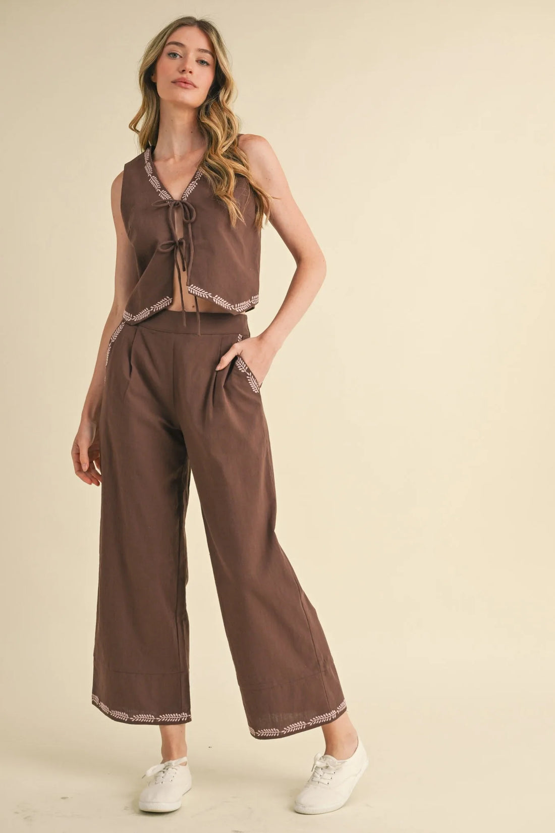 Embroidered Vest and Wide Leg Pants Set