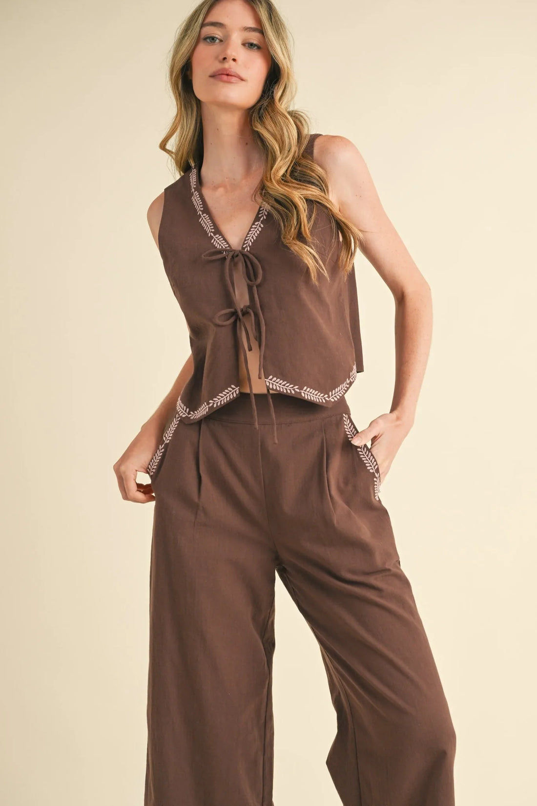 Embroidered Vest and Wide Leg Pants Set
