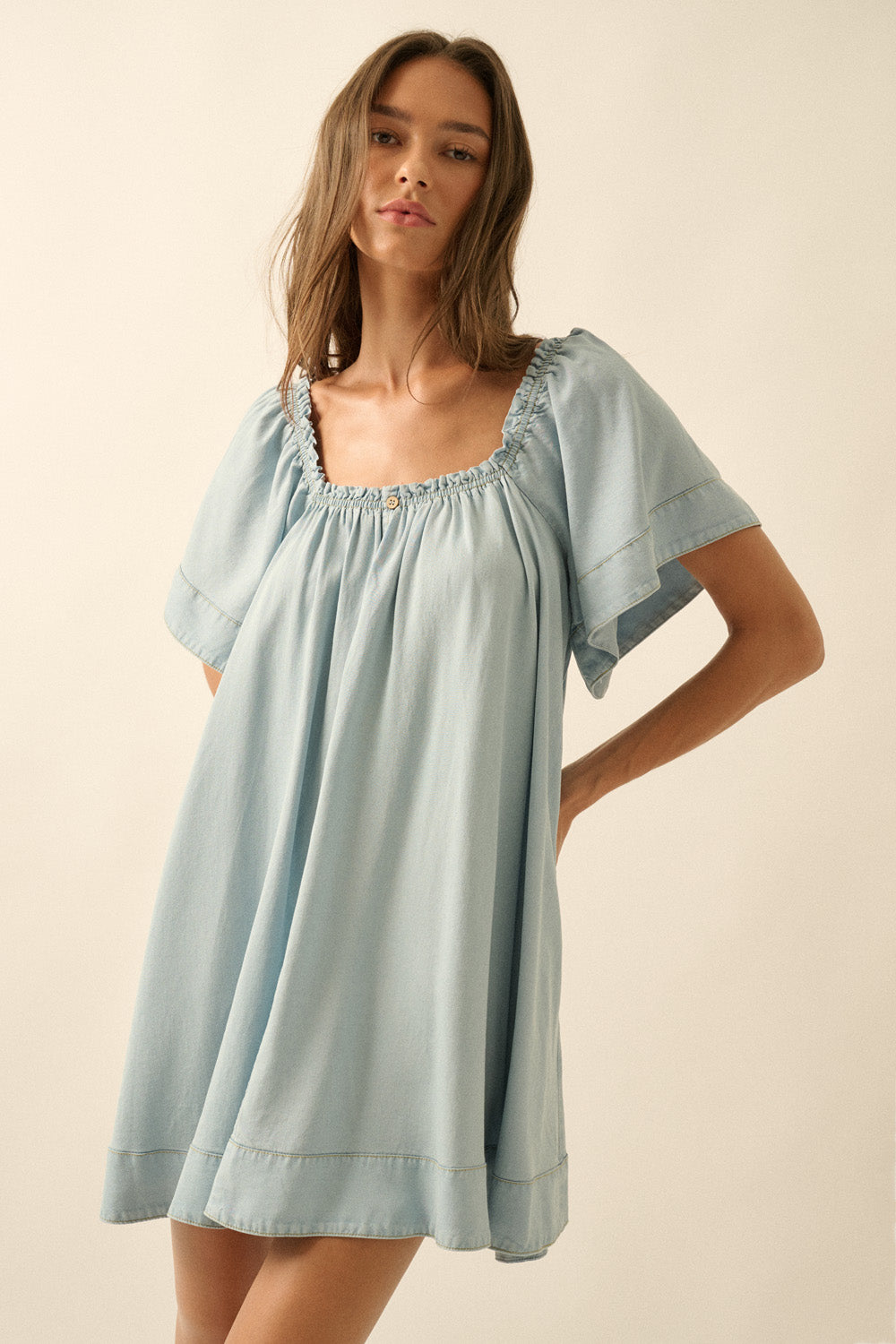 Light Tencel Dnim Flowy Babydoll Mini Dress