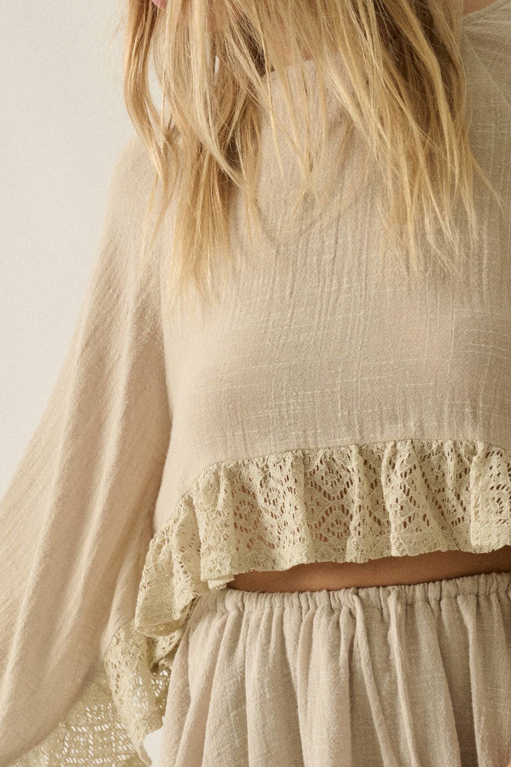 Boho Crochet Lace Ruffle Bell-Sleeve Cropped Top