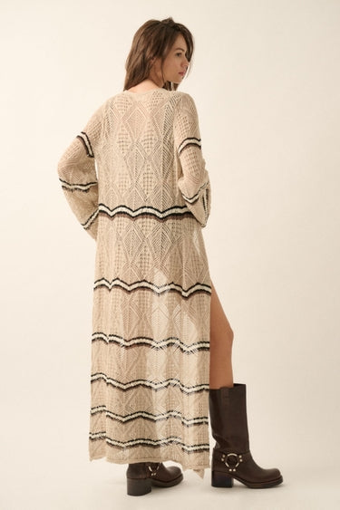 Boho Striped Crochet Long Cardigan Kimono