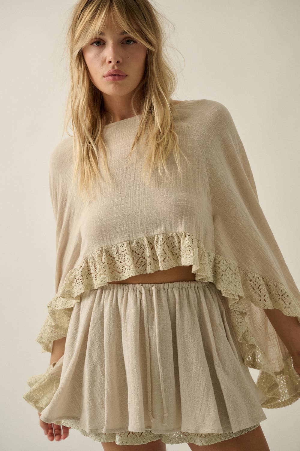 Boho Crochet Lace Ruffle Bell-Sleeve Cropped Top
