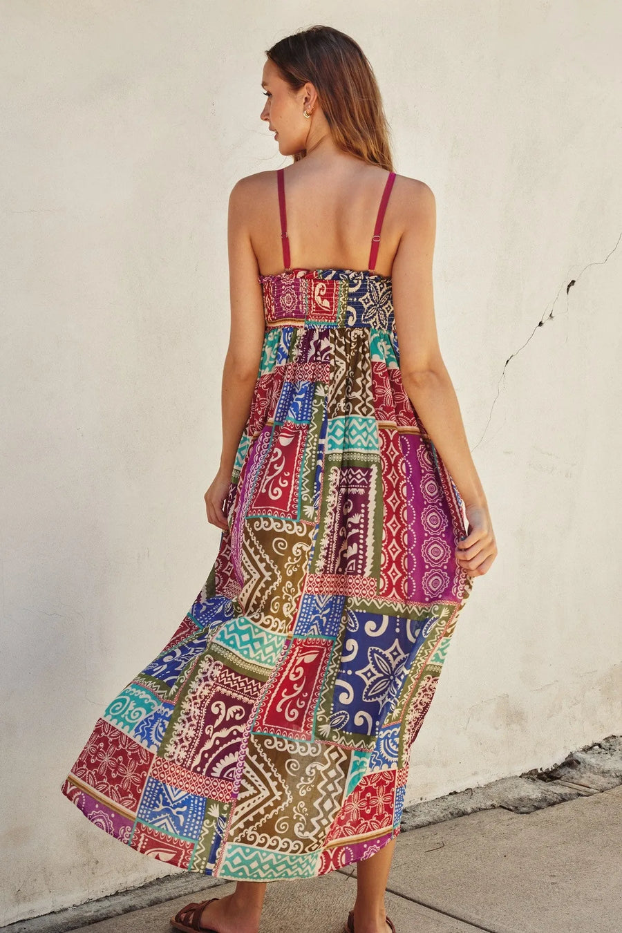 Boho Printed Maxi Flare Dress - Vibrant Patchwork A-Line Dress Evercado Boho Printed Maxi Flare Dress - Vibrant Patchwork A-Line Dress Evercado