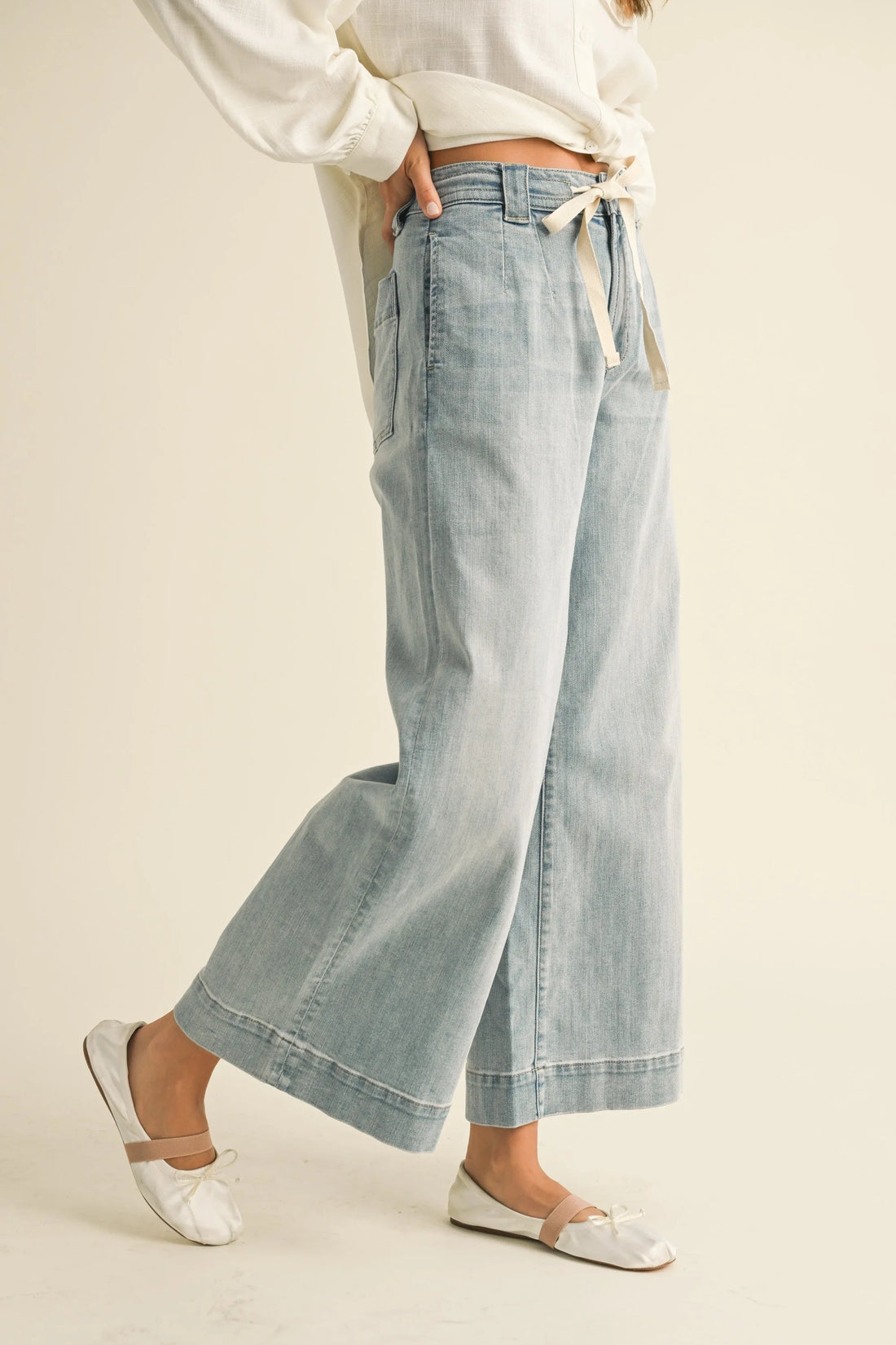Drawstring Wide-Leg Denim Pants