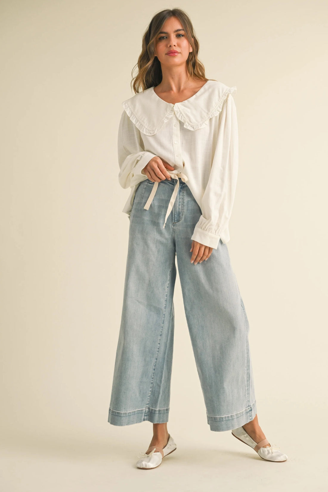 Drawstring Wide-Leg Denim Pants