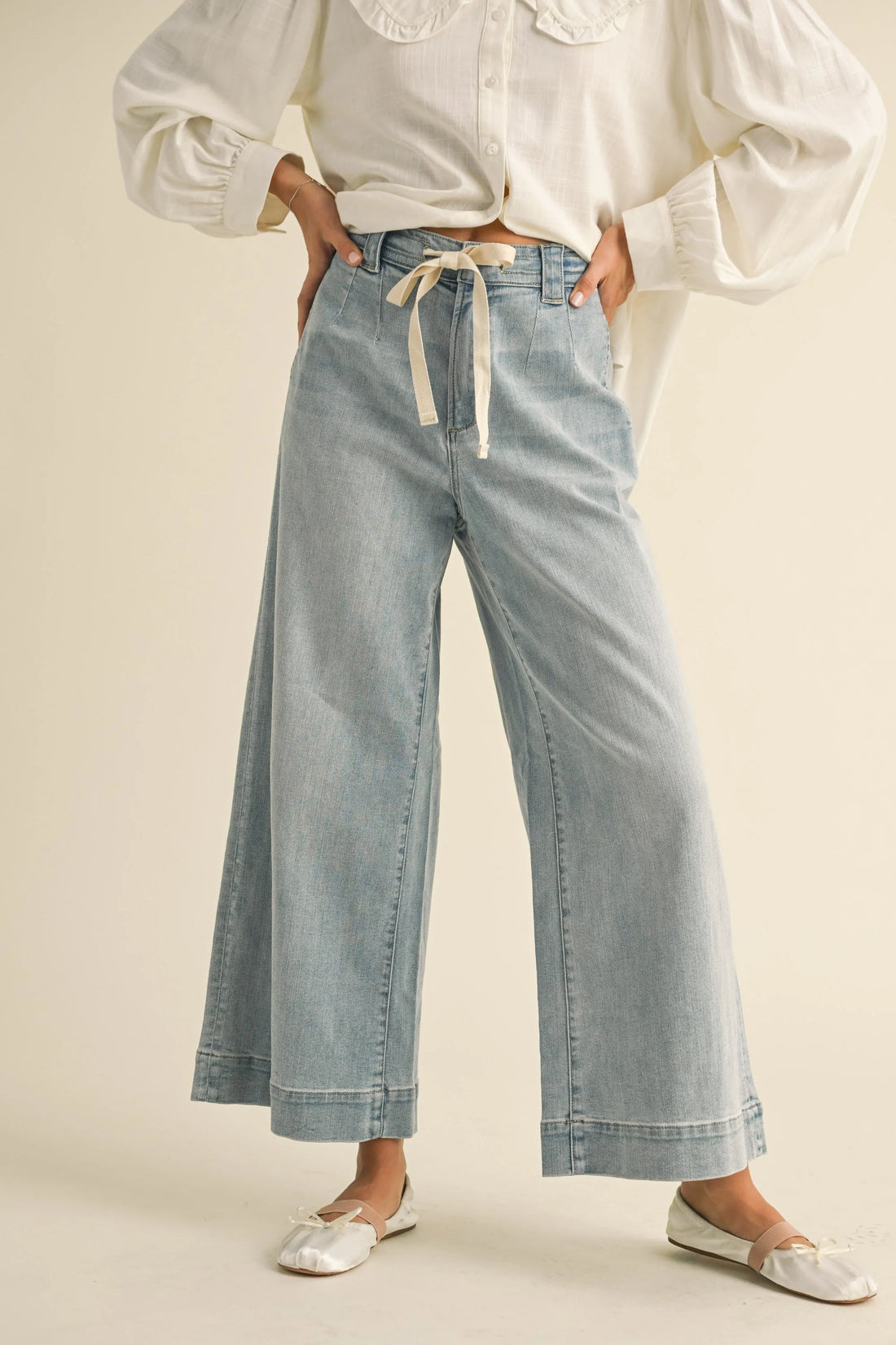 Drawstring Wide-Leg Denim Pants