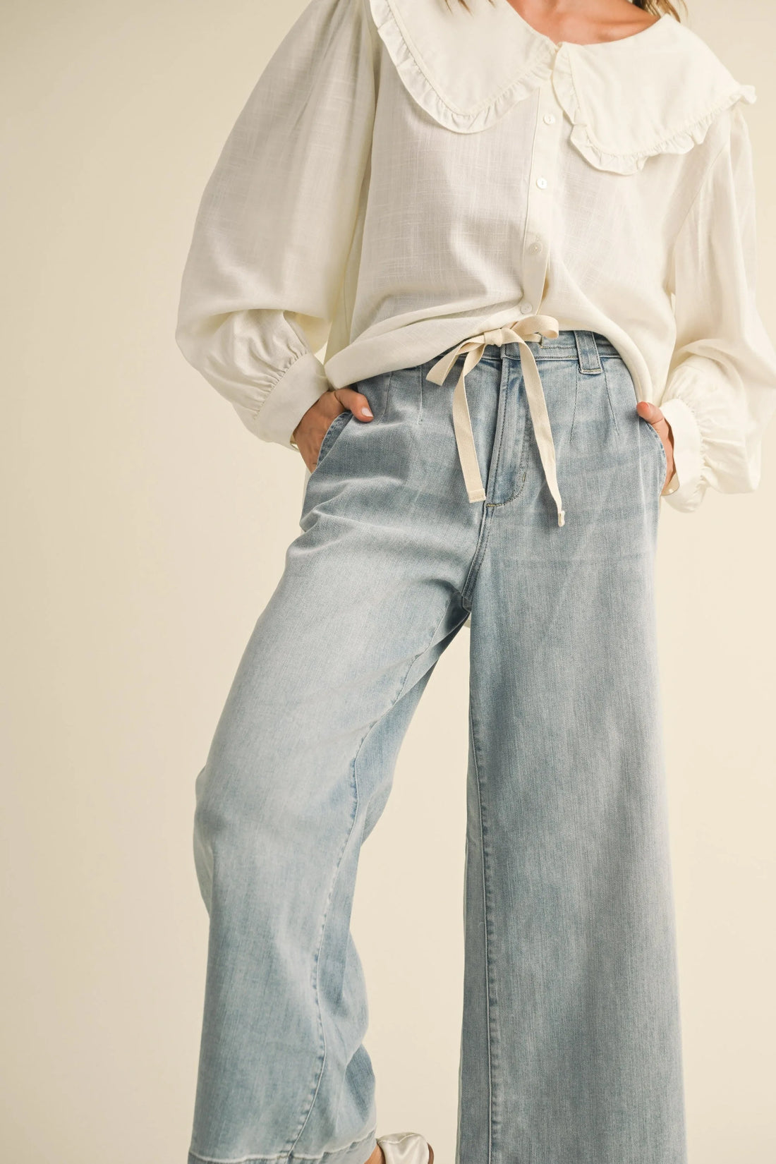 Drawstring Wide-Leg Denim Pants