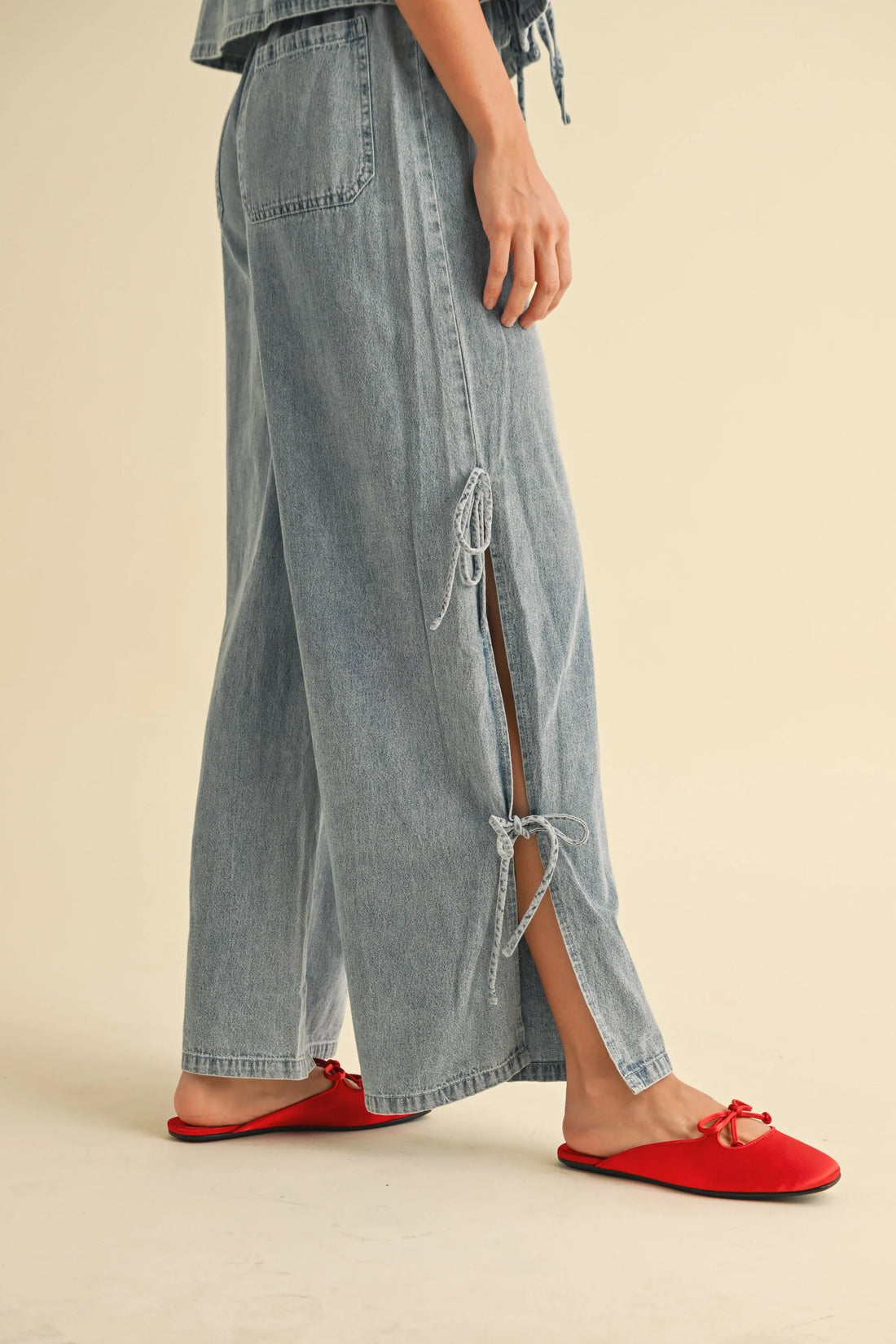Drawstring Denim Wide-Leg Pants with Side Ties