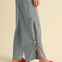 Drawstring Denim Wide-Leg Pants with Side Ties