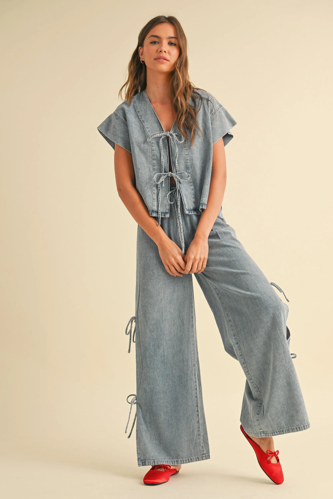 Drawstring Denim Wide-Leg Pants with Side Ties