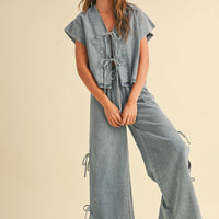 Drawstring Denim Wide-Leg Pants with Side Ties
