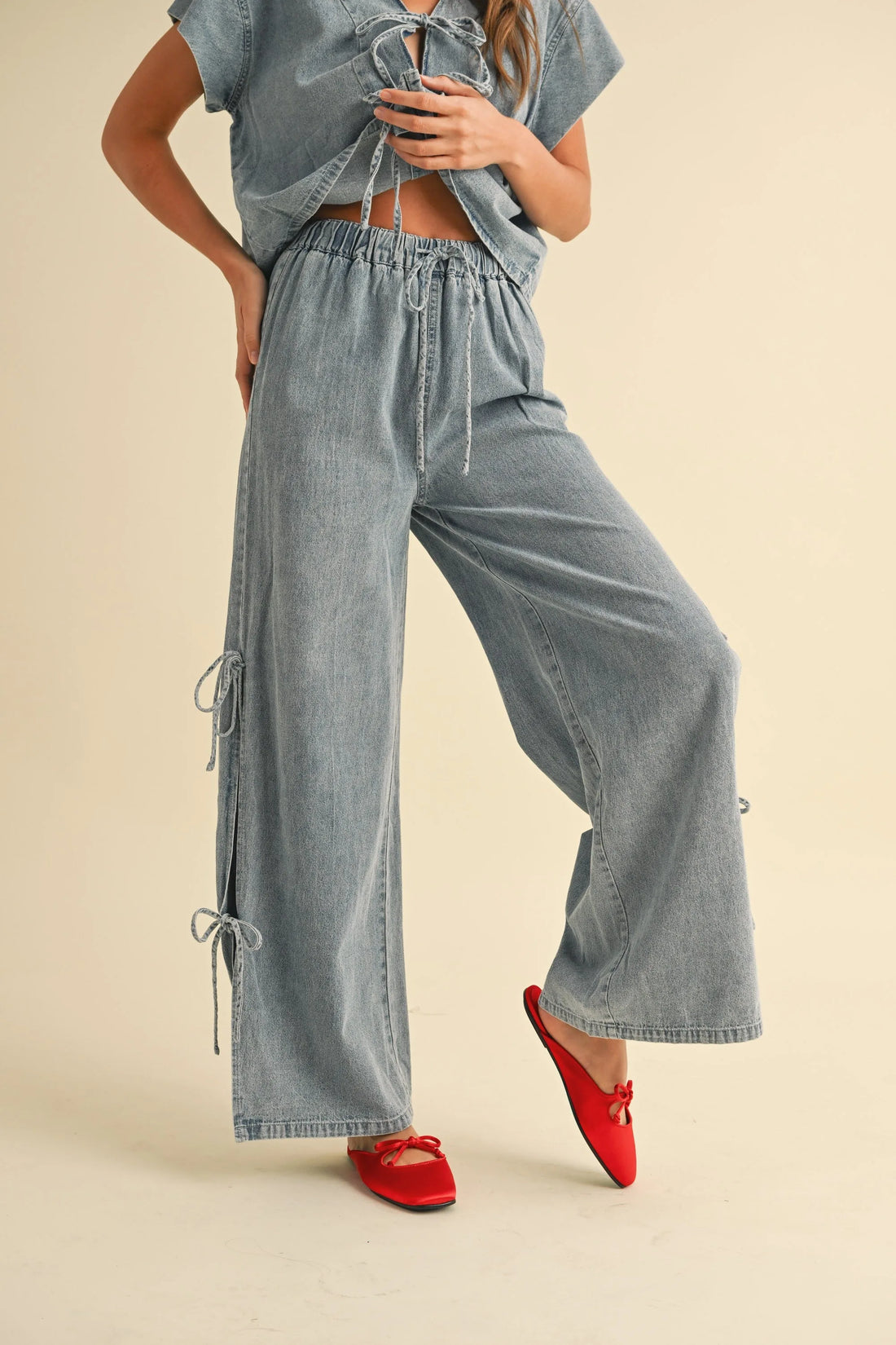 Drawstring Denim Wide-Leg Pants with Side Ties