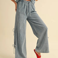 Drawstring Denim Wide-Leg Pants with Side Ties