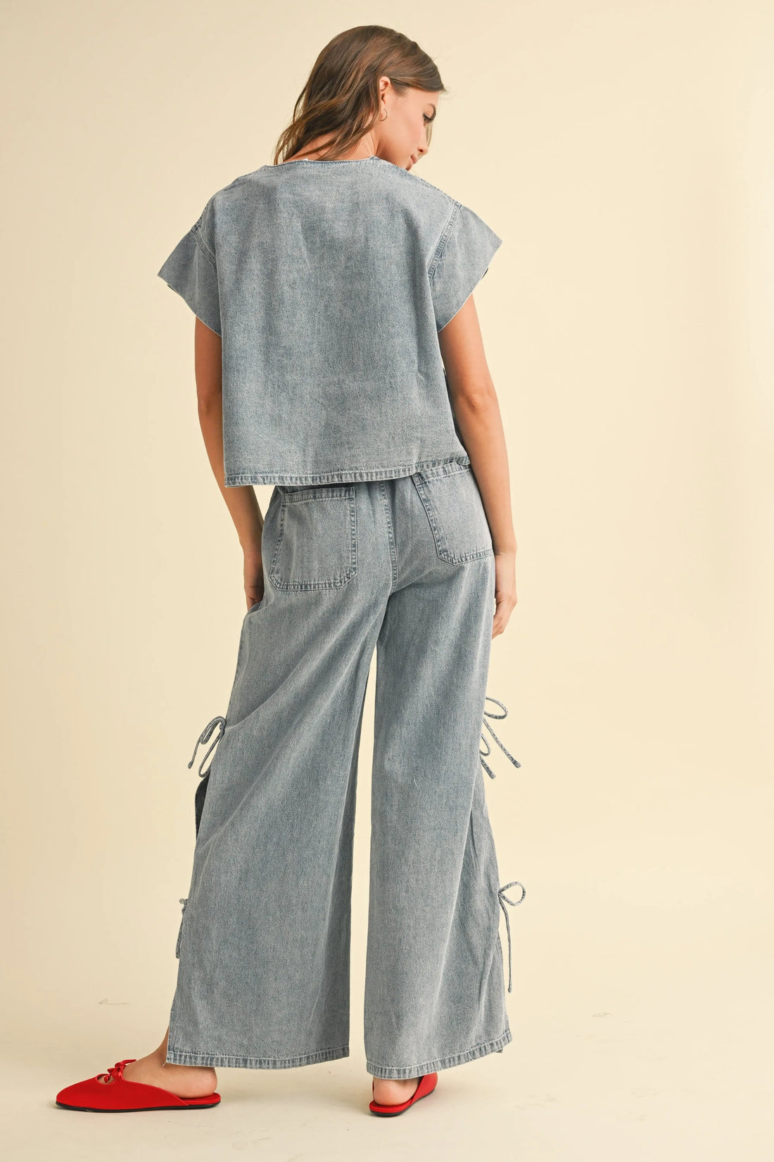 Drawstring Denim Wide-Leg Pants with Side Ties