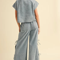 Drawstring Denim Wide-Leg Pants with Side Ties