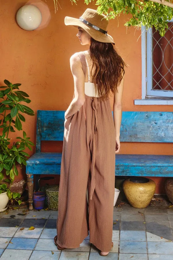 Boho Wide Leg Textured Suspender Pants