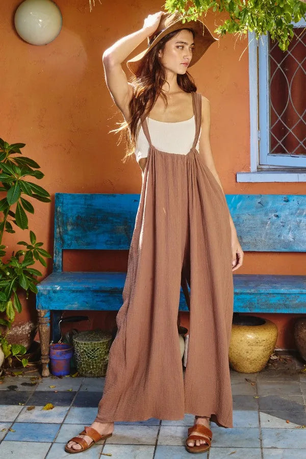 Boho Wide Leg Textured Suspender Pants
