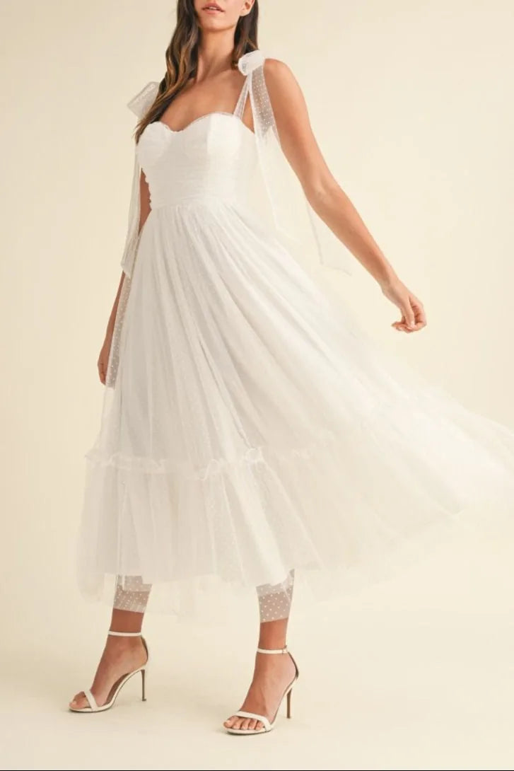 Polka Dot Mesh Tie Shoulder Midi Dress