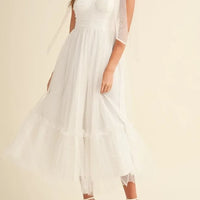 Polka Dot Mesh Tie Shoulder Midi Dress