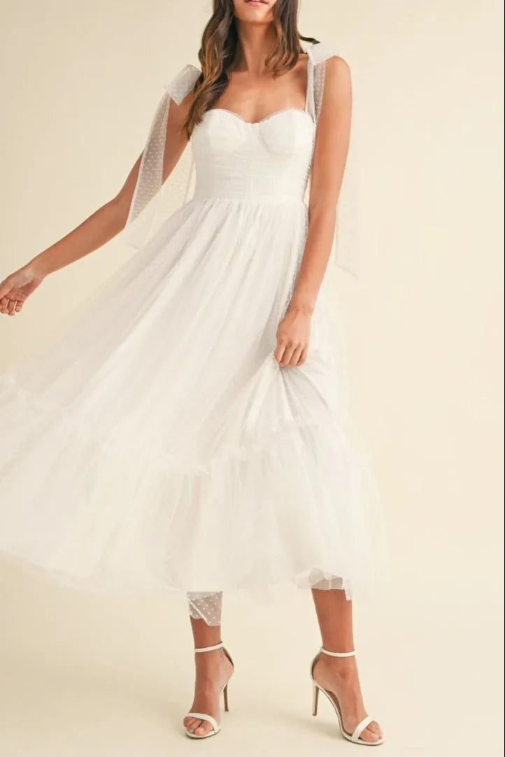 polka dot mesh dress white Polka Dot Mesh Tie Shoulder Midi Dress