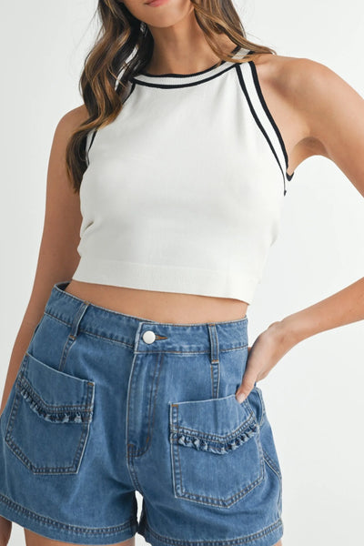 Halter Neck Contrast Knit Crop Top