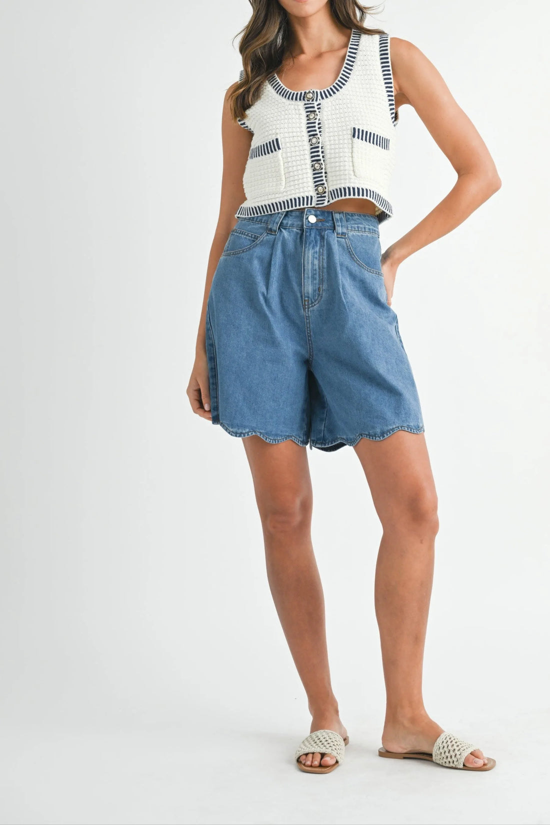 Scallop Hem Denim Bermuda Shorts