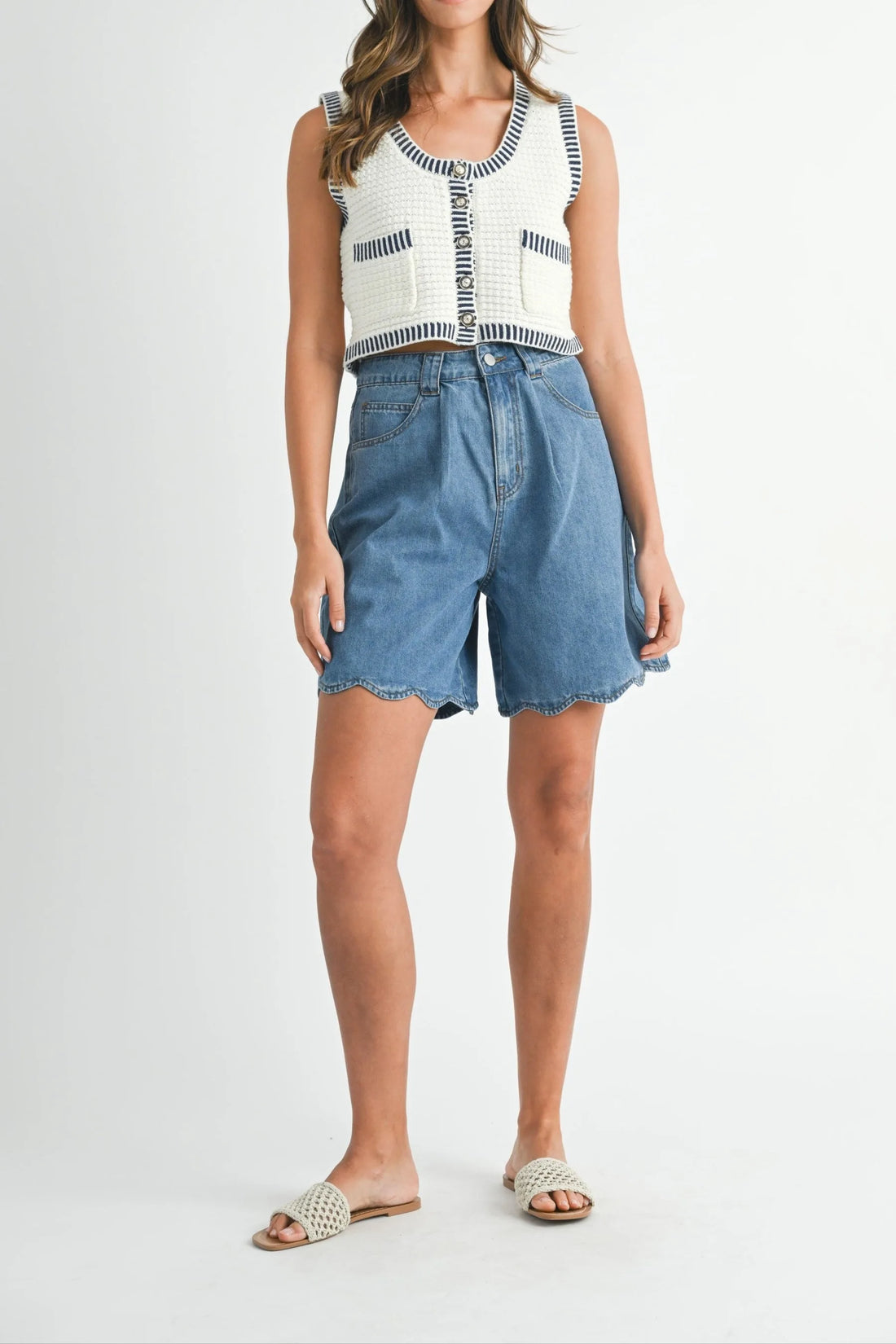 Scallop Hem Denim Bermuda Shorts