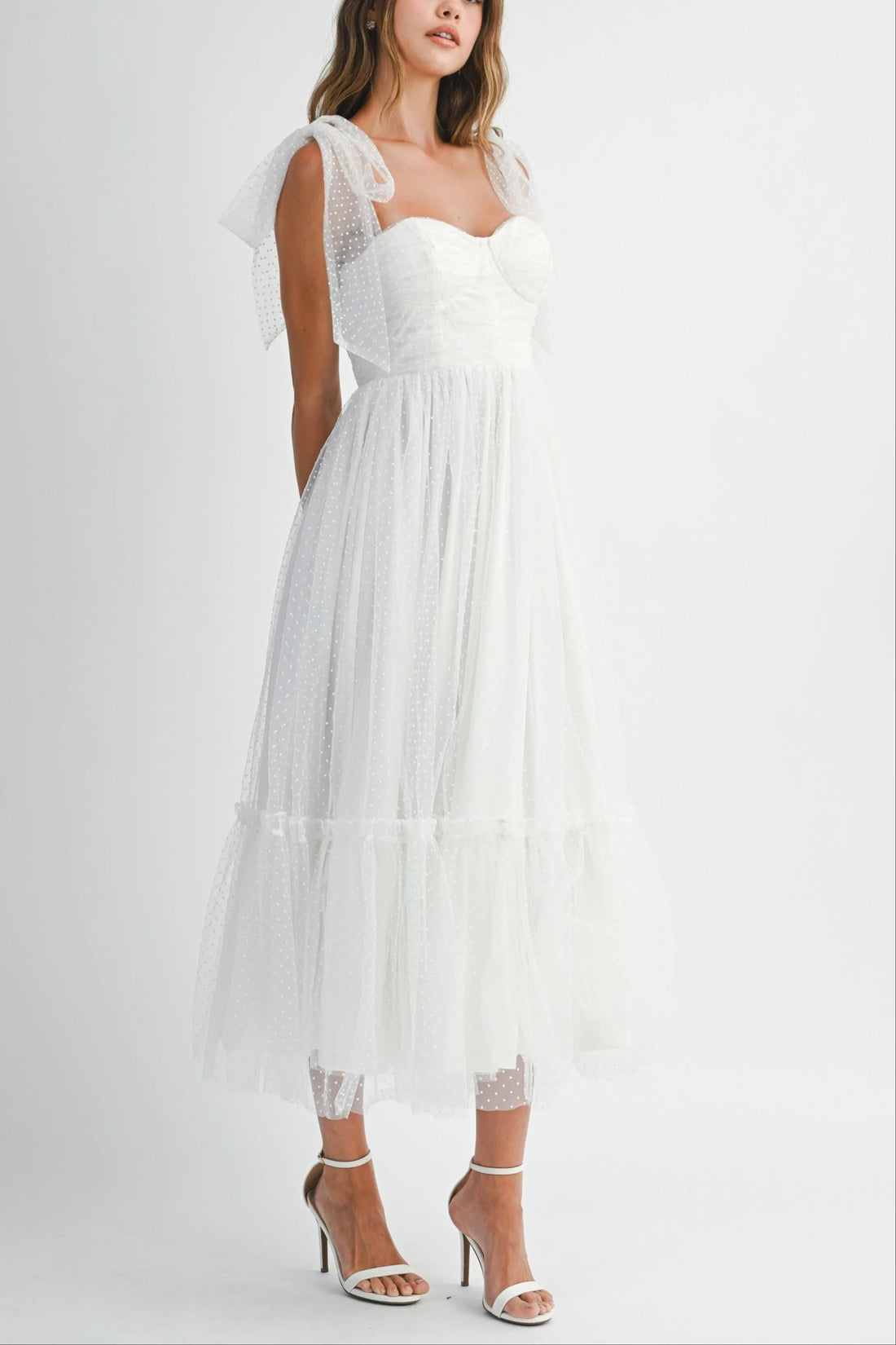 Polka Dot Mesh Tie Shoulder Midi Dress