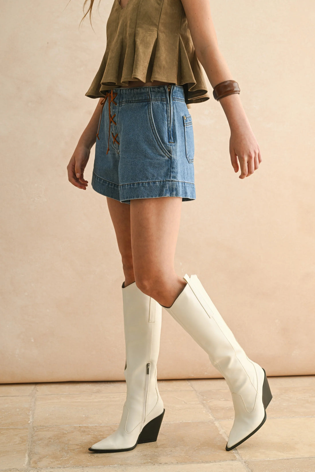 Suede Lace-Up Denim Shorts