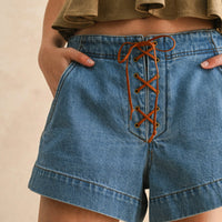 Suede Lace-Up Denim Shorts