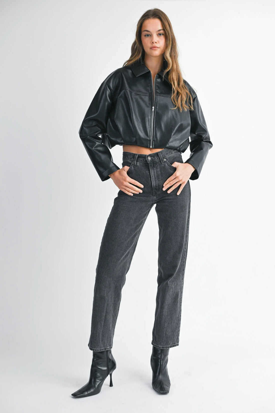 Faux Leather Pleated Bubble Hem Cropped Jacket