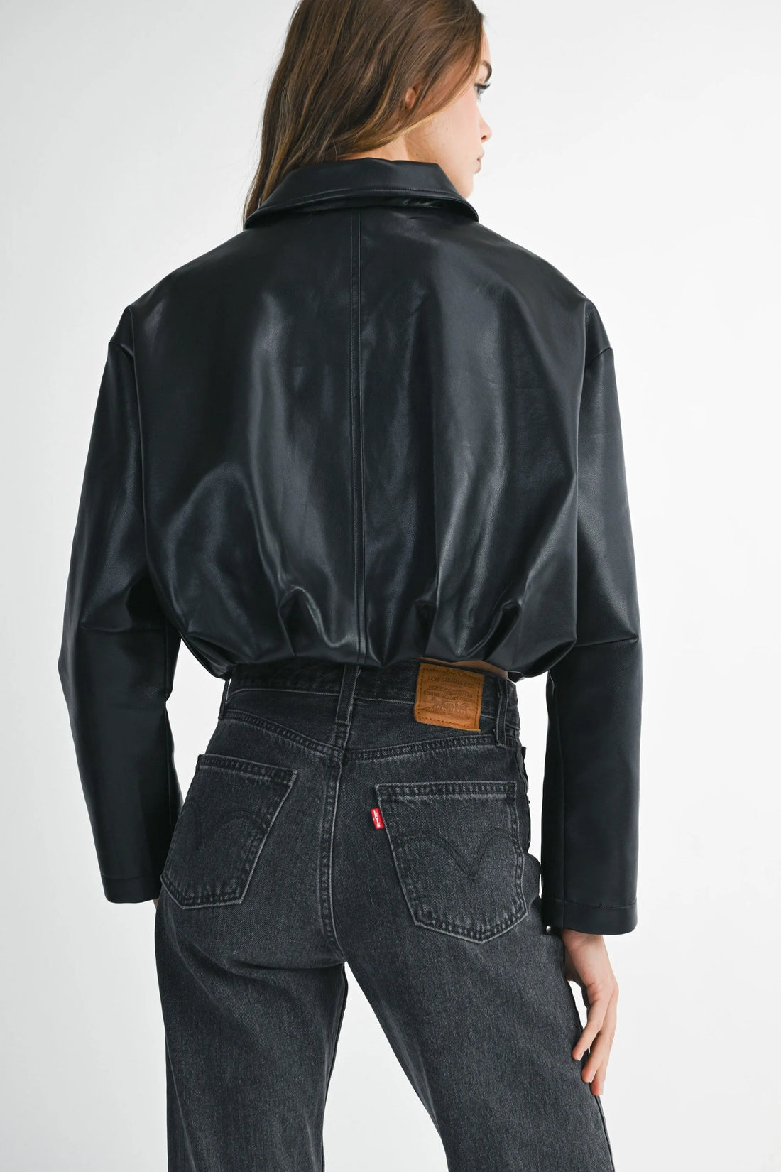 Faux Leather Pleated Bubble Hem Cropped Jacket