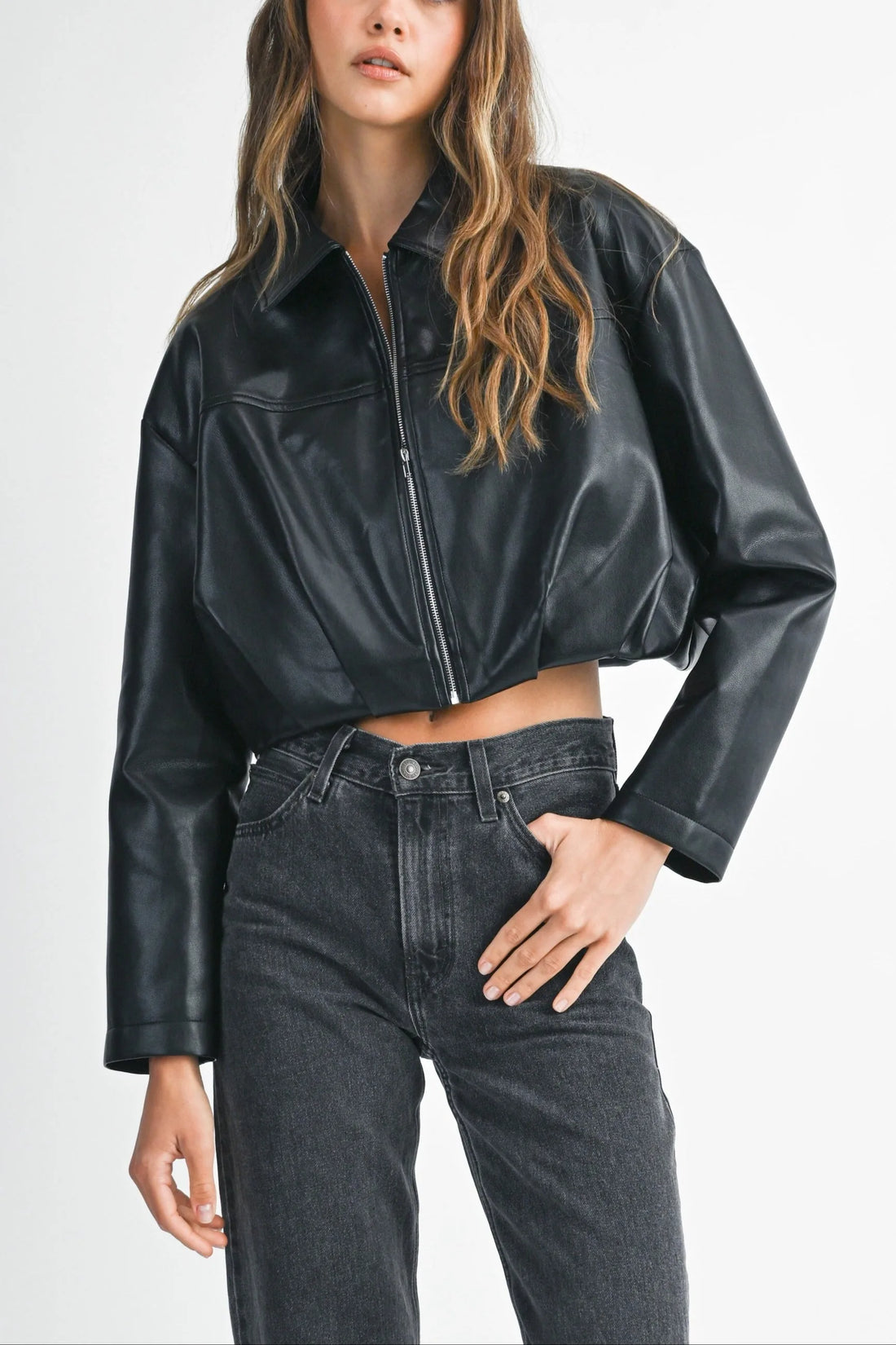Faux Leather Pleated Bubble Hem Cropped Jacket