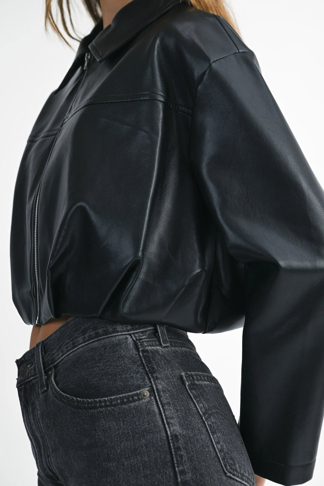 Faux Leather Pleated Bubble Hem Cropped Jacket