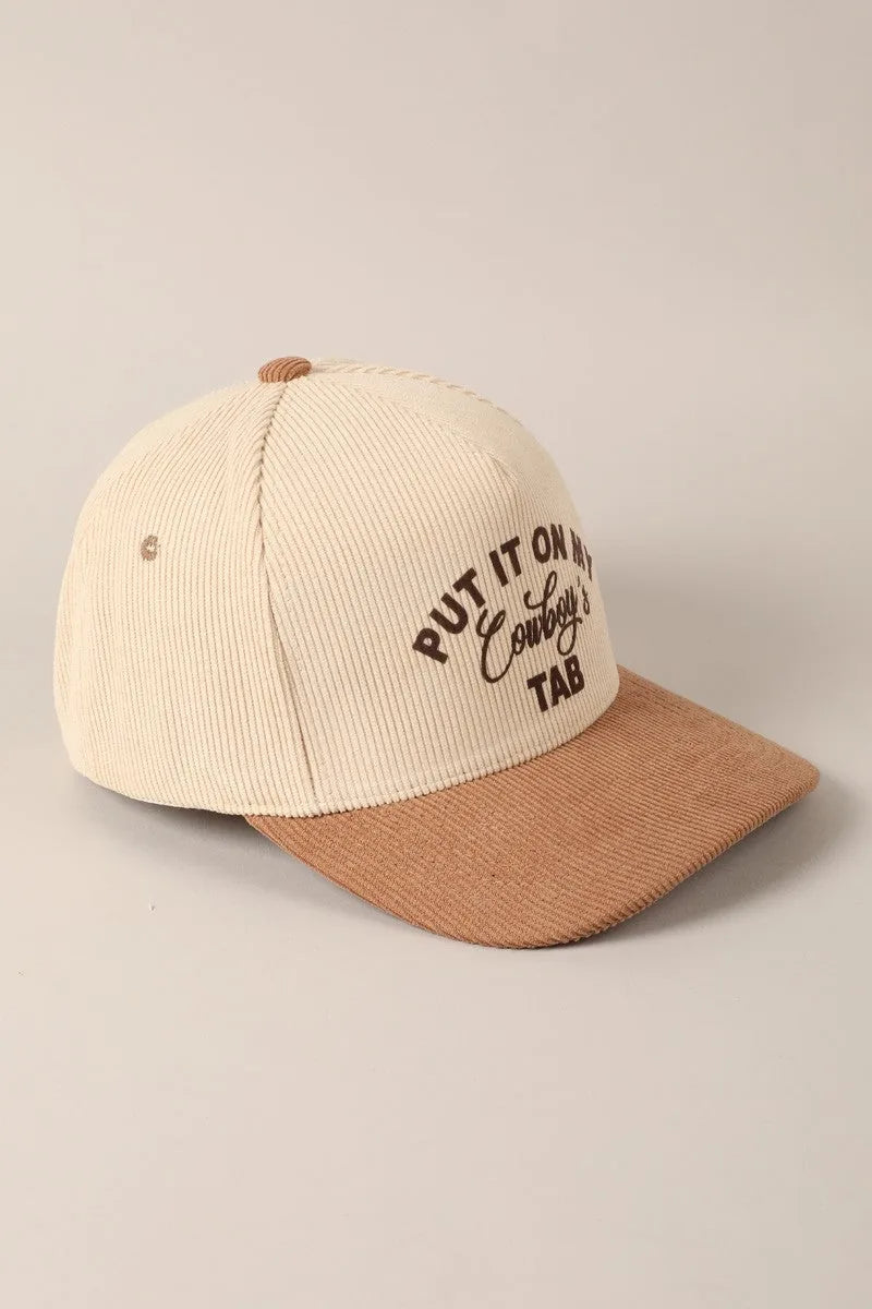 Put It On My Cowboy's Tab Two-Tone Corduroy Cap
