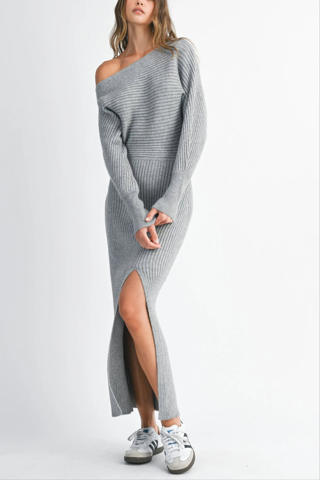Off-Shoulder Ribbed Knit Sweater Dress with Side Slit