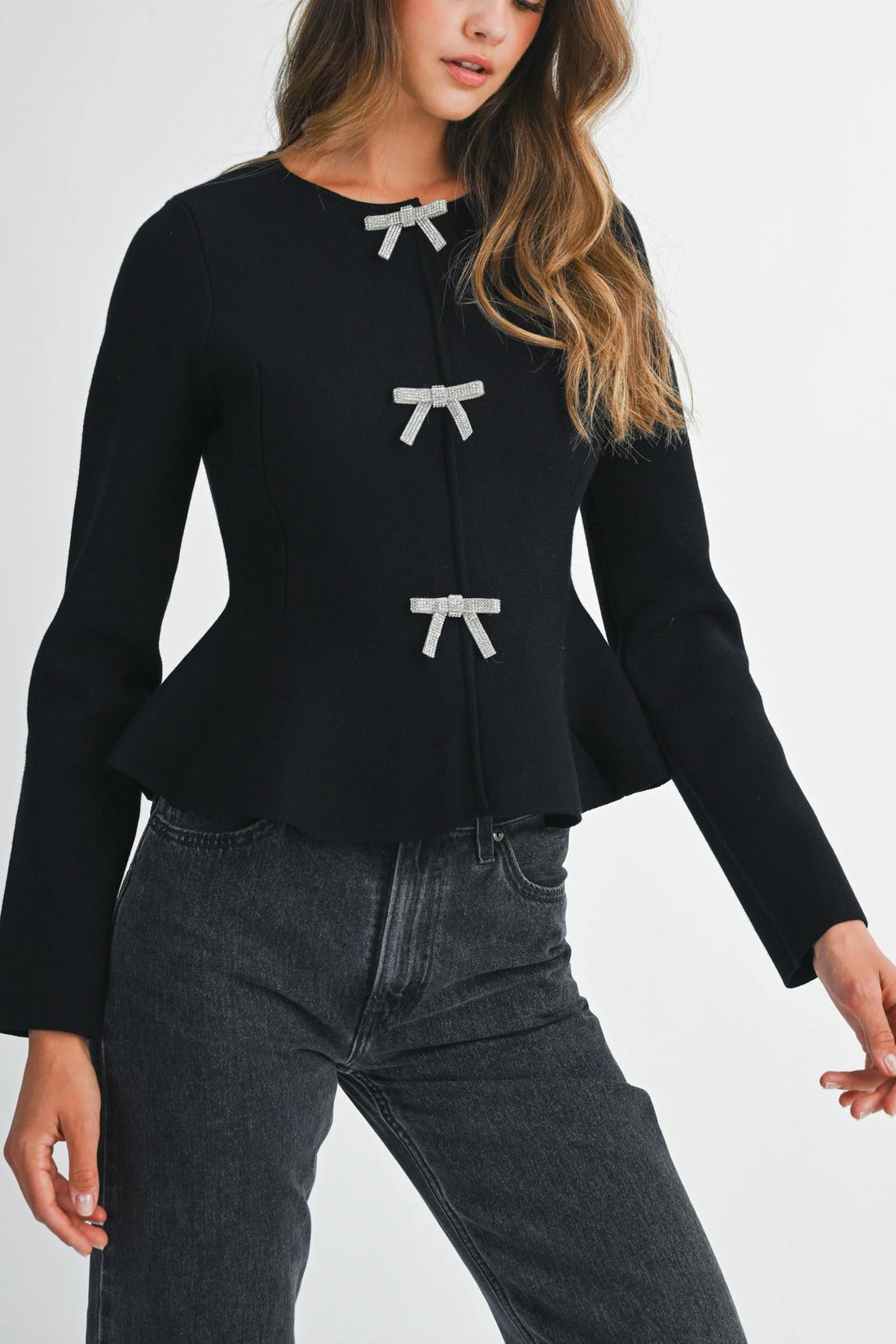 Jewel Bow Peplum Knit Top