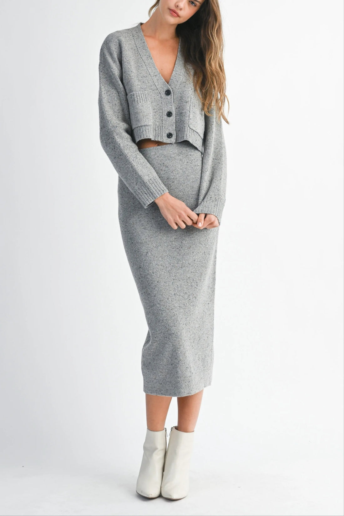 Knit Cropped Cardigan & Midi Skirt Set