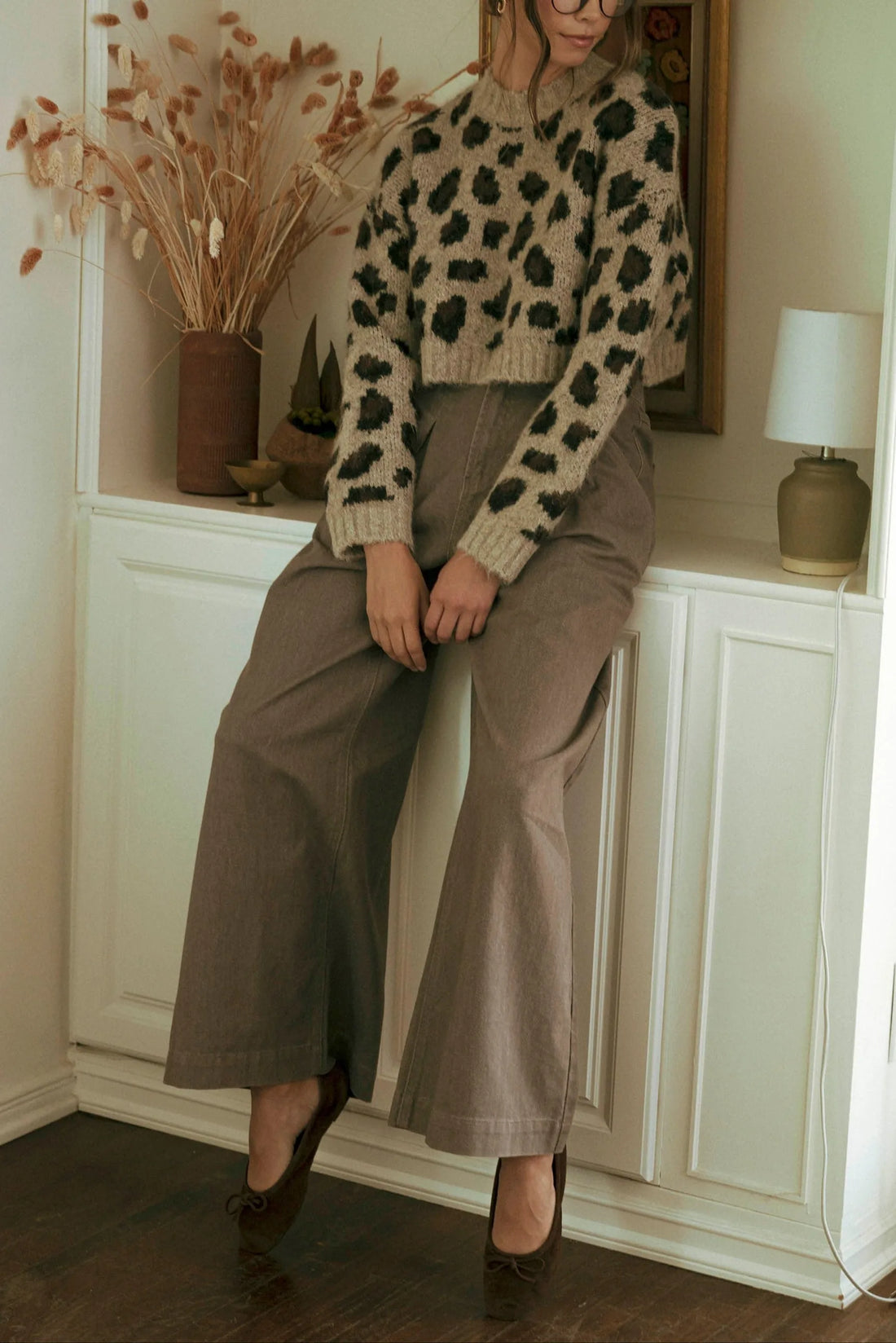 Fuzzy Leopard Print Cropped Sweater