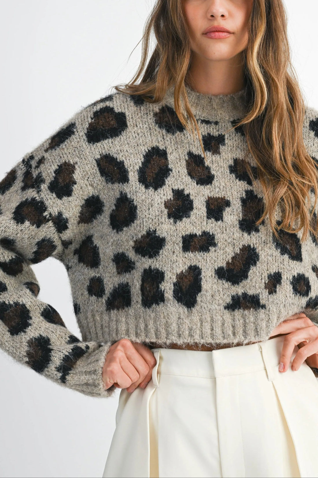 Fuzzy Leopard Print Cropped Sweater