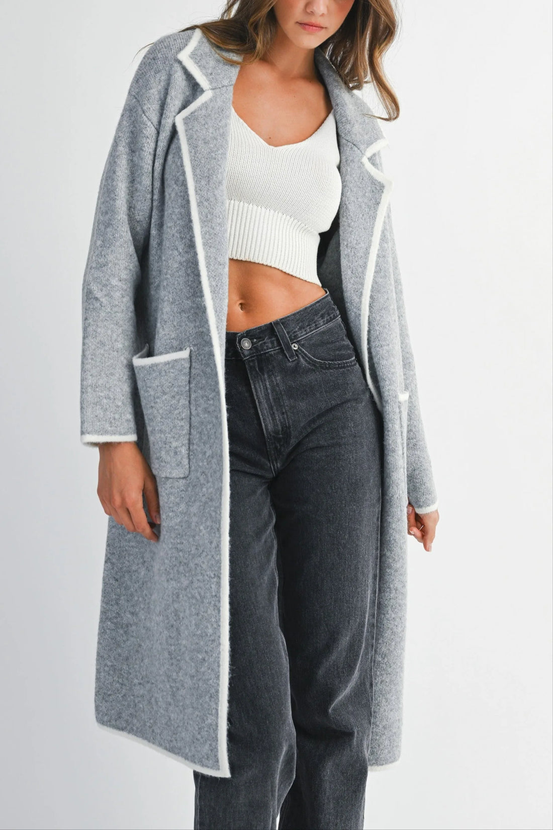Contrast Trim Knit Lapel Open Cardigan