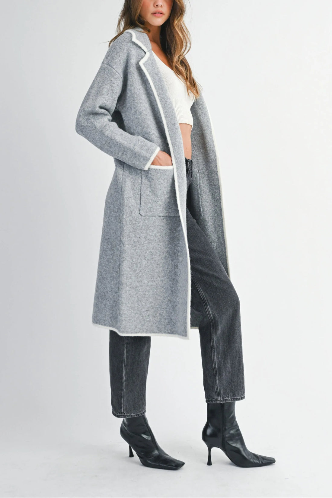 Contrast Trim Knit Lapel Open Cardigan