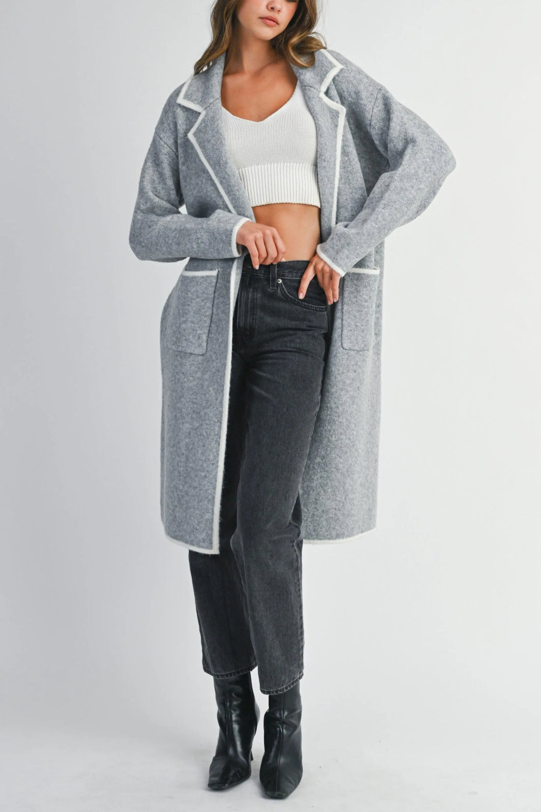 Contrast Trim Knit Lapel Open Cardigan