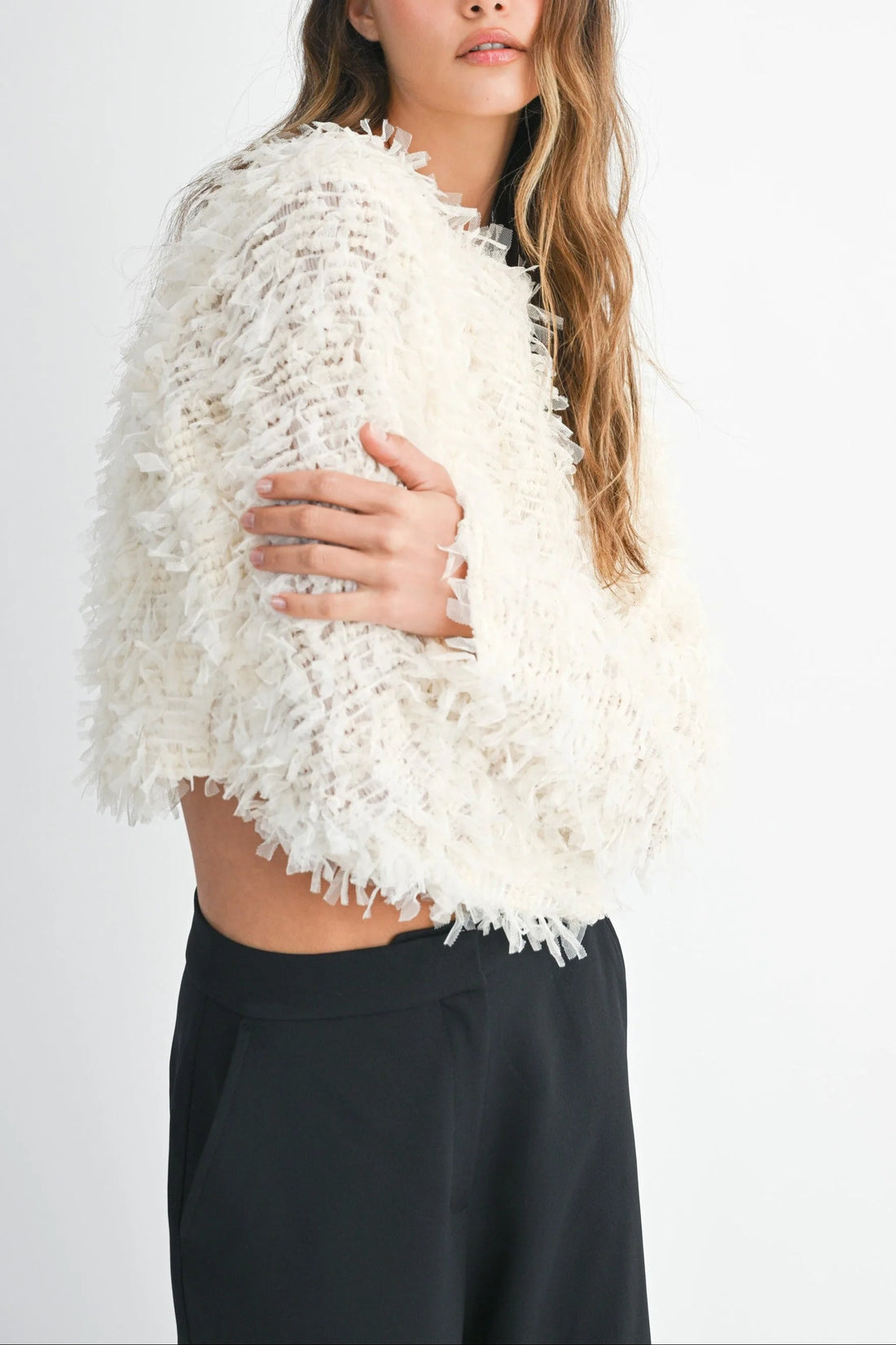 Textured Fringe Long Sleeve Cropped Top